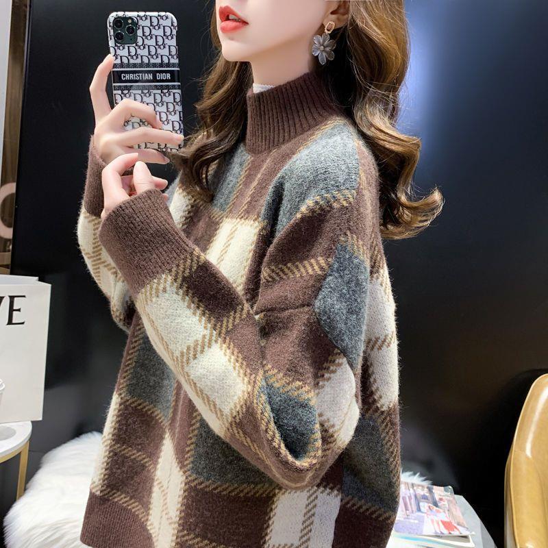 Women's Retro Plaid Half High Neck Loose Knit Sweater - Hong Kong Style 2025 Autumn/Winter.