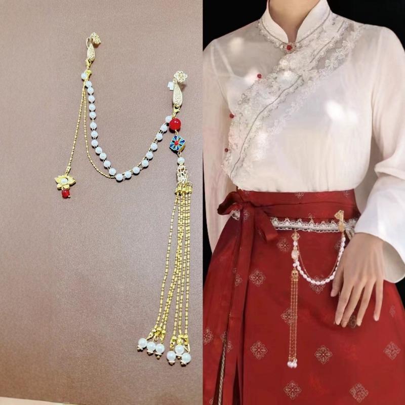 Dámská Brož Hanfu s Imitací Perel Módní Šperky Dlouhý Visící Třásně Cheongsam Doplňky Slitina Cheongsam Lisovaný Límec