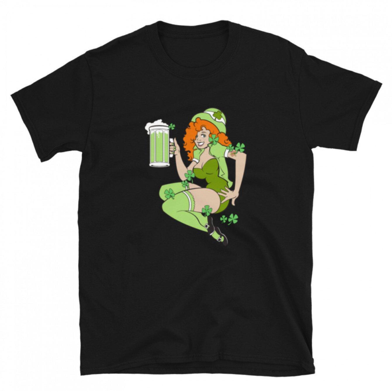 St Patricks Day Anime Girl Beer Shamrock Graphic Tee Casual Crewneck T-Shirt Unisex S