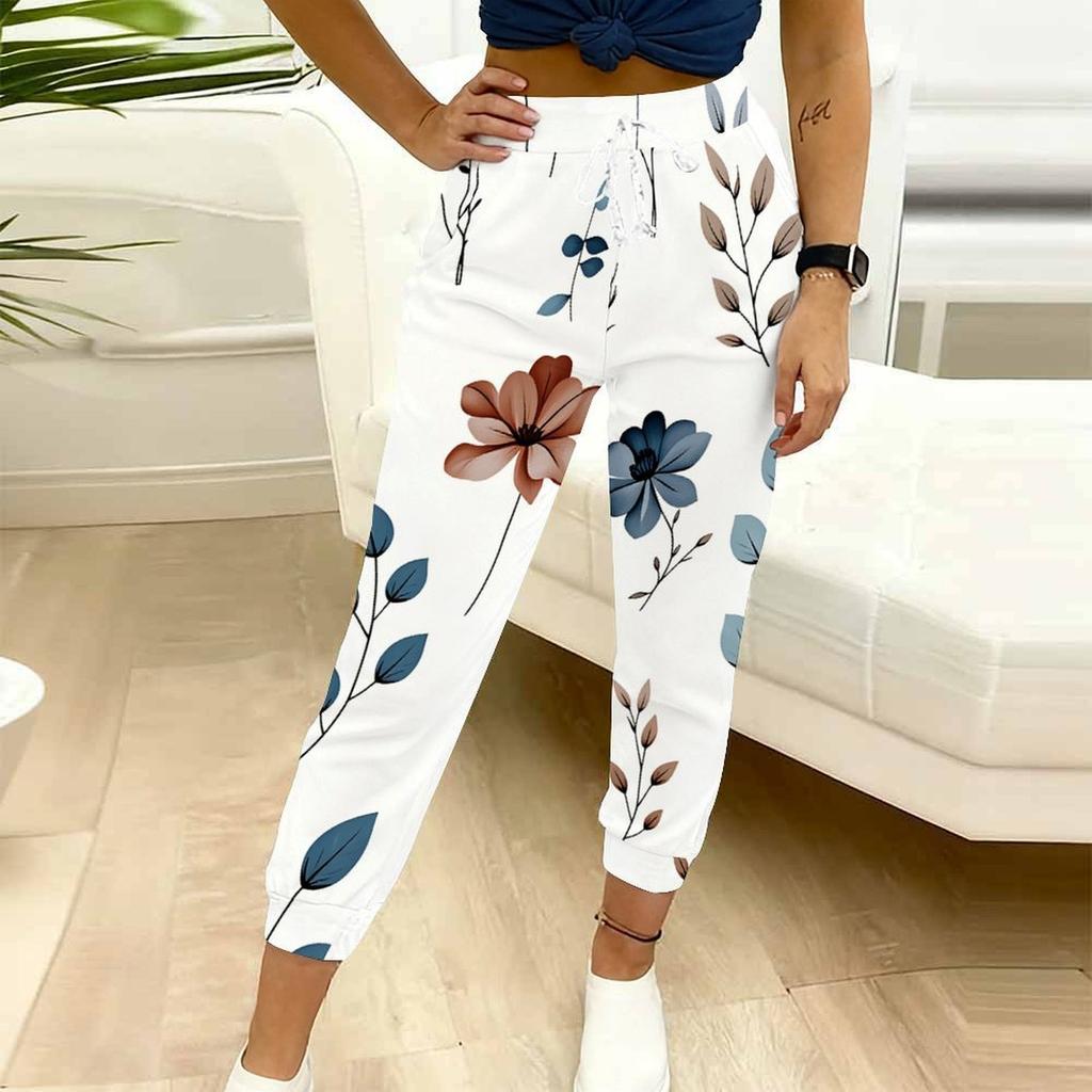 Summer Ladies Splicing Floral Prints Printed Sweatpants Loose Fit Drawstring Joggers Elastic Cuff Daily Casual Pants