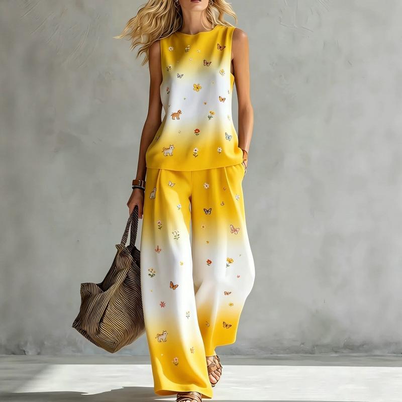 Rundhals-Oberteil weite Hosen zweiteiliges Set Damen Freizeitanzug Europäisch und Amerikanisch Sommer neu Regenbogen Batik ärmellos