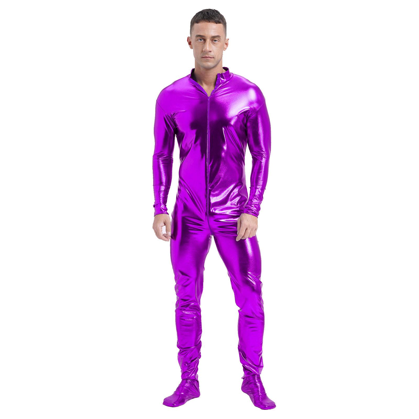 

Чоловічий металевий комбінезон Zentai з довгим рукавом, повний облягаючий макет шиї, клубний костюм L фіолетовий