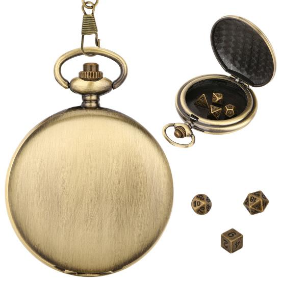 Mini DND Dice Set Polyhedral Metal Vintage Dice Steampunk Gear Pocket Watch Dice Set with Chain Board Game Accessories