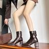 Retro Square Toe High Heel Ankle Boots for Women - Autumn/Winter Chunky Martin Boots in British Style, Red/Brown, 6CM Heel.