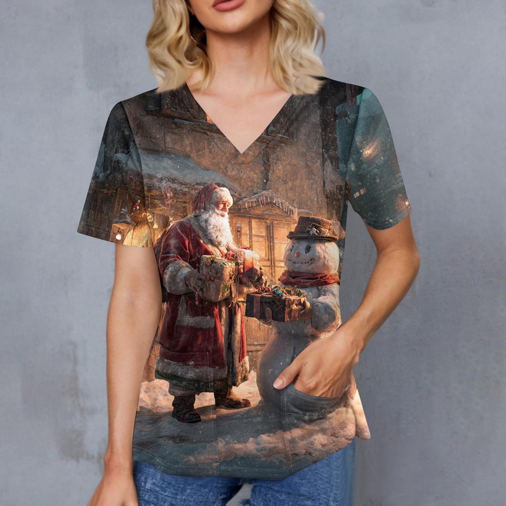 Dámský vánoční potištěný top s výstřihem do V, dvěma kapsami, krátkým rukávem, rozparkem na lemu, uniforma pro pečovatelky