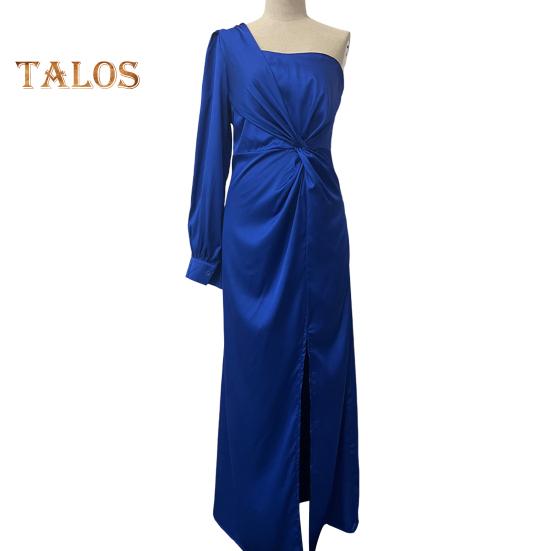 Lady Evening Dress One Shoulder Sleeveless Split Hem Solid Color Slim Waist Pleated Solid Color Off Shoulder Prom Cocktail Party Maxi Dress Ball Gown