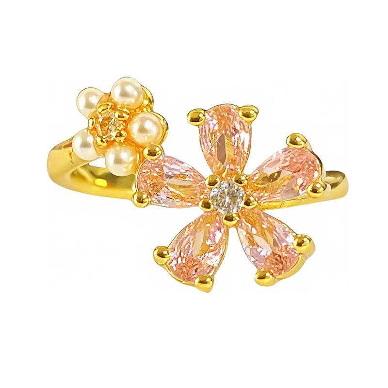 Medieval Vintage Gold Flowers Stacked Open Ring Geometric Zircon Super Fairy Niche High Sense Ring Woman