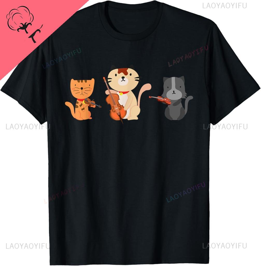 Cats Playing Violin Cello Cat Lover Violinist Cello Player TShirt Kawayi Couple Cotton Unisex Summer Streetwear Tops Camisas