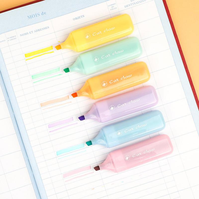 1/6Pcs Kawaii Cat Claw Pastel Color Highlighters Drawing Graffiti Art Markers Fluorescent Pen Cute Stationery School Supplies