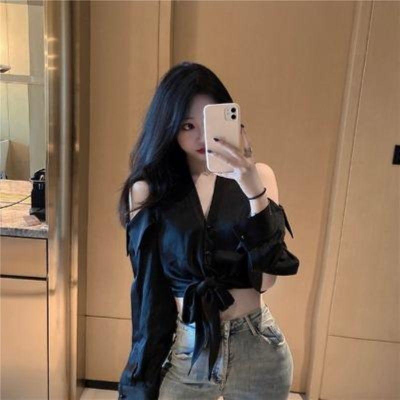 WTEMPO Off Shoulder Women Shirt Sexy V-neck Short French Style Chic Long Sleeve Shirt StreetWear Casual Top Blouse Women