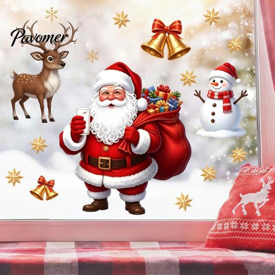 Snowman Window Decorations Christmas Static Clings, PVC Santa Claus And Elk Self Adhesive Decals Decals, Waterproof Reusable Glass Stickers for Store