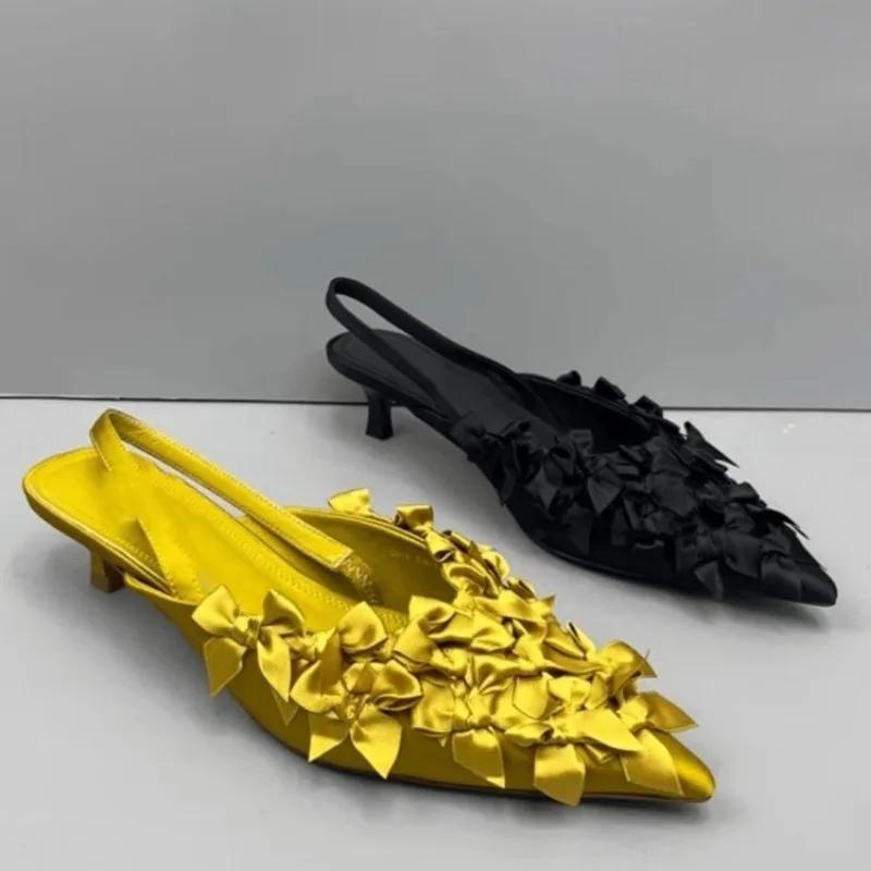 Fashion 2024 High Quality Women's Shoes Summer Fashion Slip-on Toe Sandals Solid Color Stiletto Heels Bow Decorated Women's Sandals