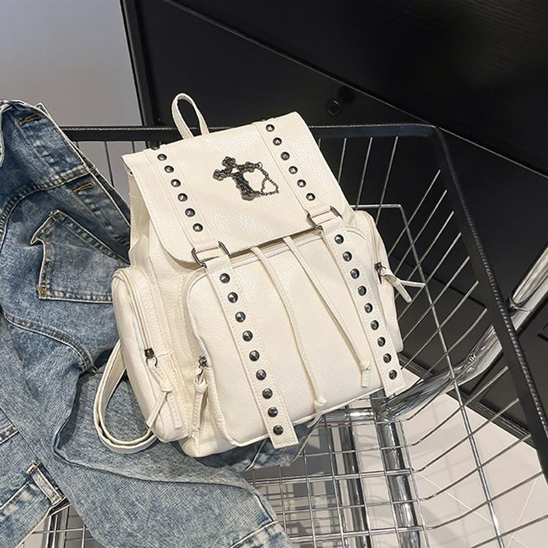 Yogodlns Nieten Rucksack Damen Gothic Punk PU Leder Schultertasche Damen Vintage Rucksäcke College Große Kapazität Schultasche