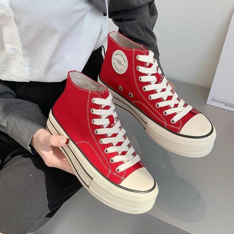 Canvas shoes red casual platform spring high-top small inner height-increasing tide board shoes