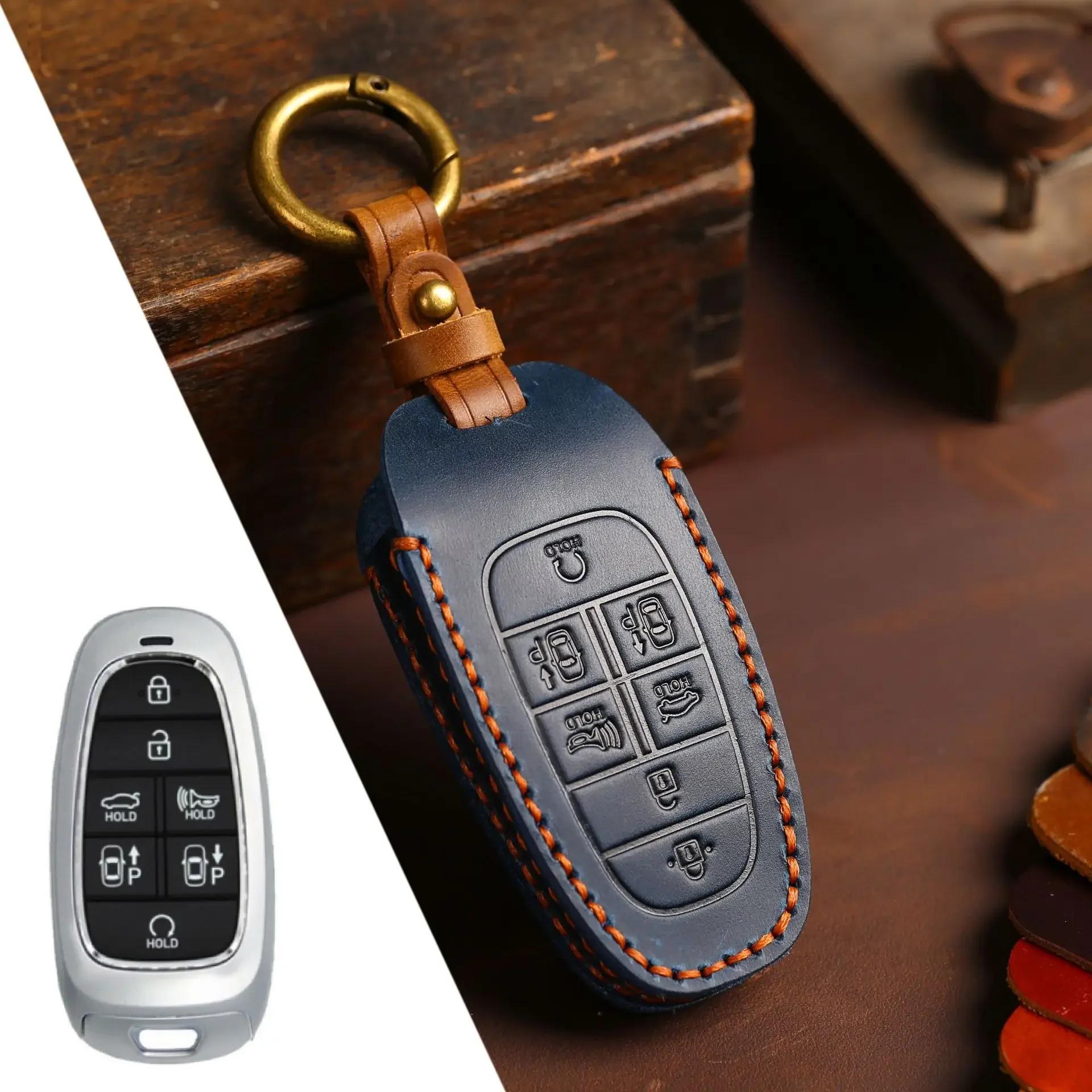 

Fob Car Key Case Cover Leather Keychain Holder Accessories for Hyundai Tucson Staria Sonata Hybrid Nexo Nx4 Grand Santa Fe Bag