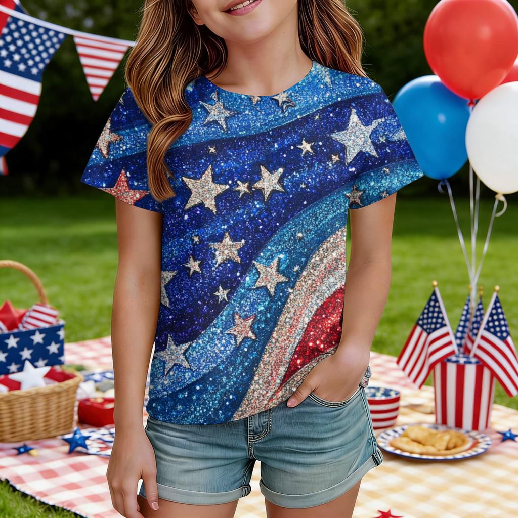 Kids Independence Day Print Round Neck Short Sleeve Casual T-shirt