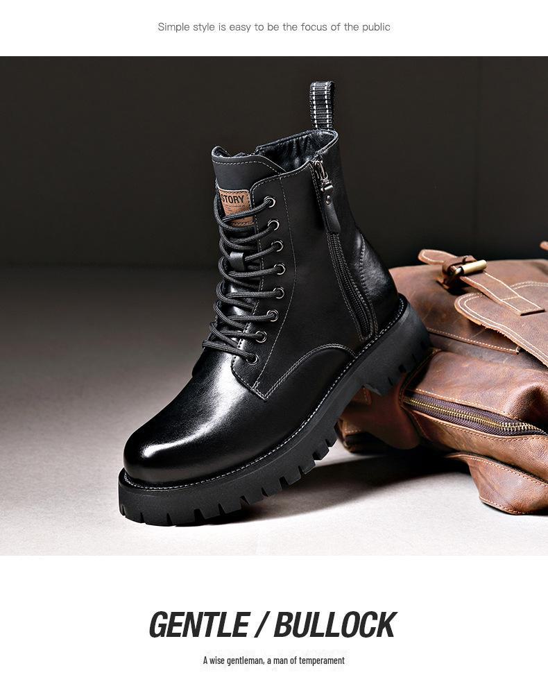 Men's Autumn & Winter Yellow Genuine Leather Boots with Thick Sole, Side Zipper, and Round Toe - Comfortable Mid-High Martin Style.