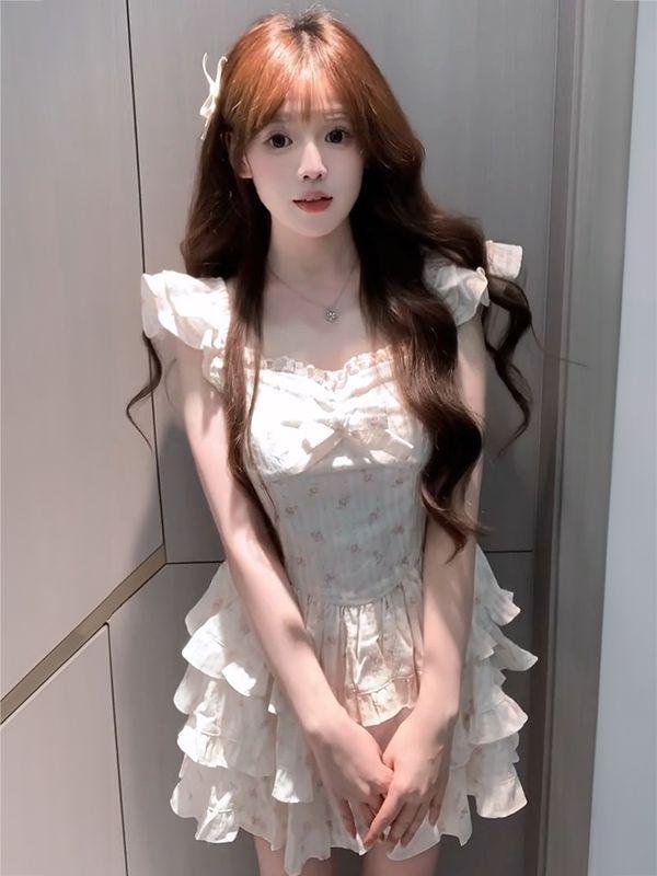 Summer Xiaofei Sleeve Design Dress Sweet and Gentle Cake Fluffy Dress Korean Version Pure Desire Short Skirt