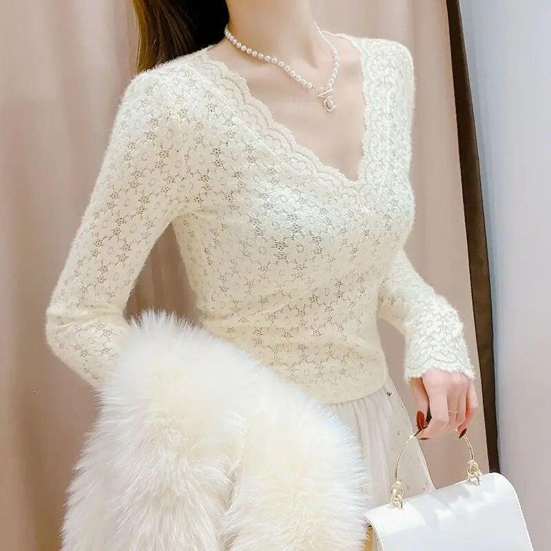 

Белая кружевная рубашка с V-образным вырезом для женщин, новая осенняя облегающая футболка, короткий сетчатый топ с длинными рукавами S абрикосовый