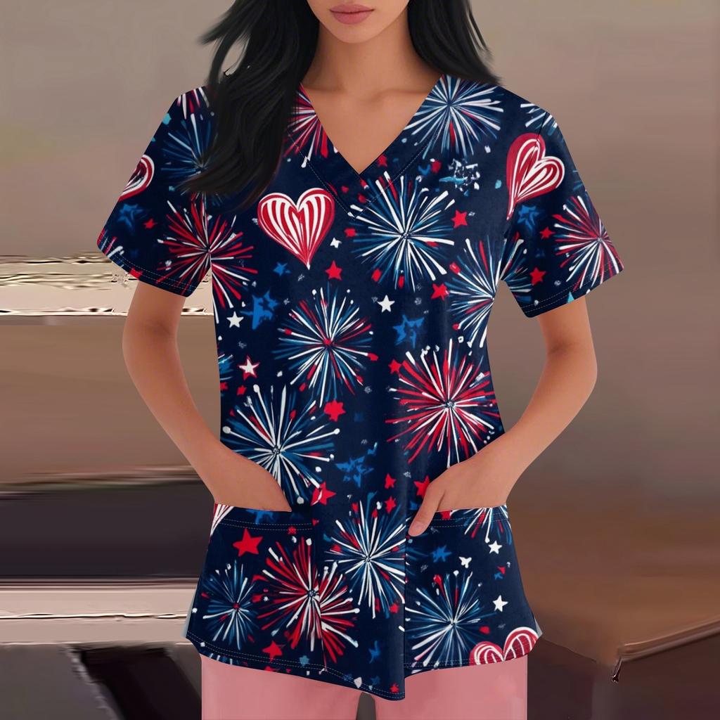 Happy Valentine's Day Women's Fashion V-neck Short Sleeve Workwear With Pockets Tops