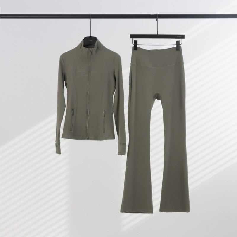 Womens Stand Collar Jacket Flared Pants Set Casual Sporty All-Match Yoga Outfit