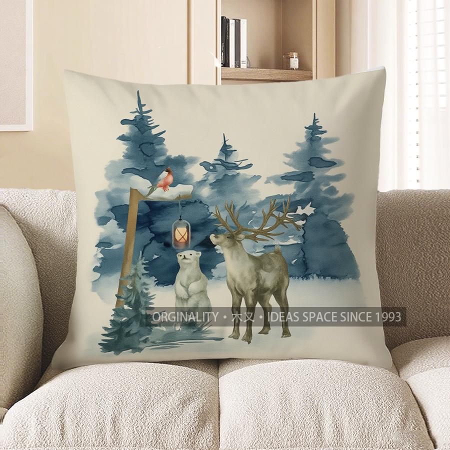 Home Decor Snowy Forest Deer & Cabin Decorative Pillow Pattern Cushion Cover Suitable for Sofa Bedroom Car Pillow Cover