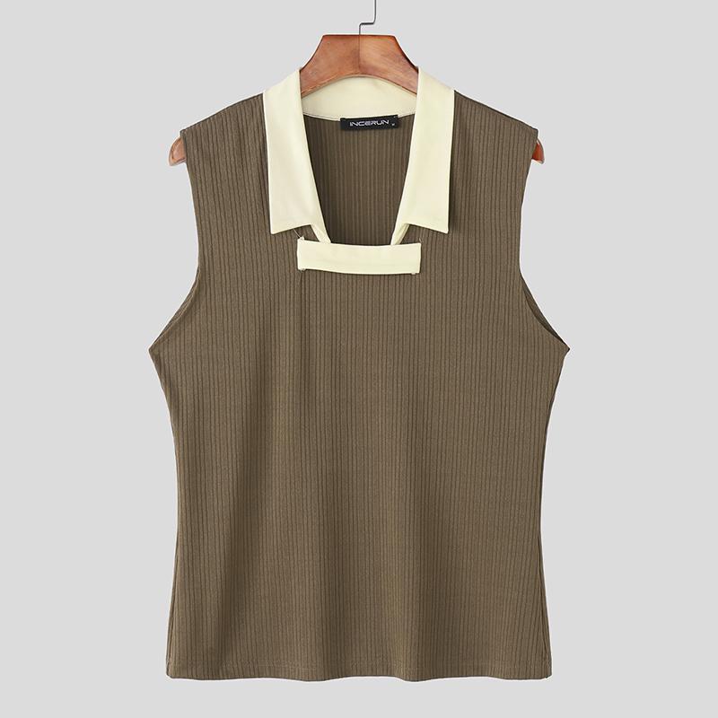 INCERUN Men Patchwork Lapel Sleeveless Casual Ribbed Tank Tops