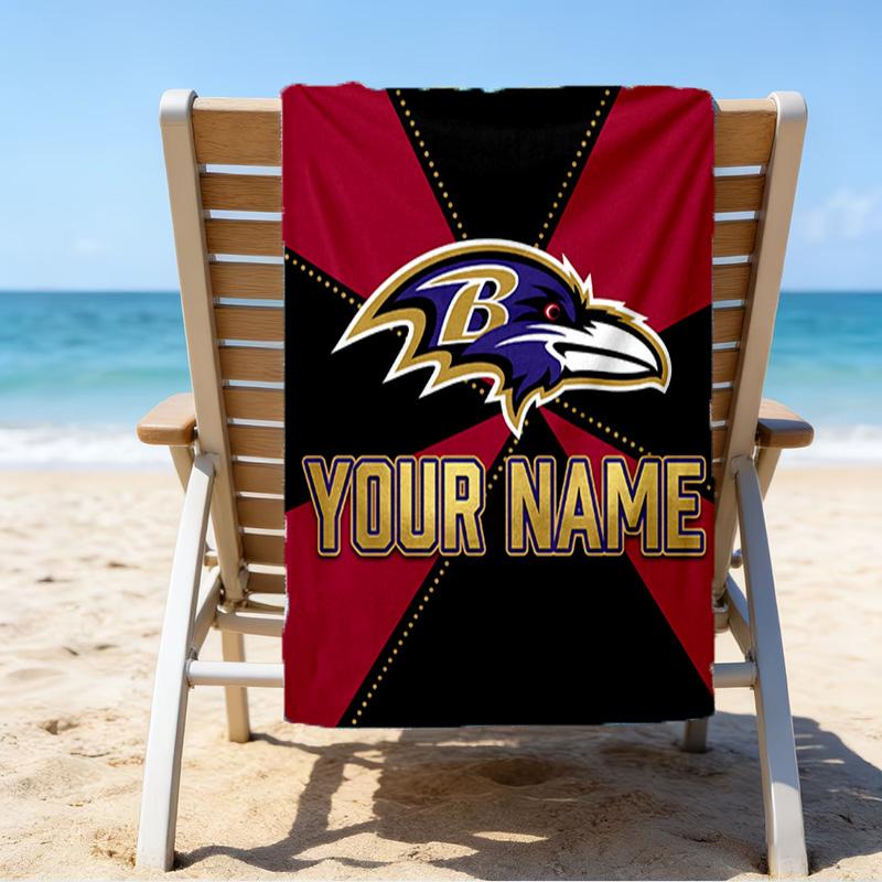 Custom Name Beach Towel Ravens Team Spirit Beach Towel, Soft Microfiber, Gift for Her/Him, Birthday, for Pool, Beach, Travel, Fan Gifts