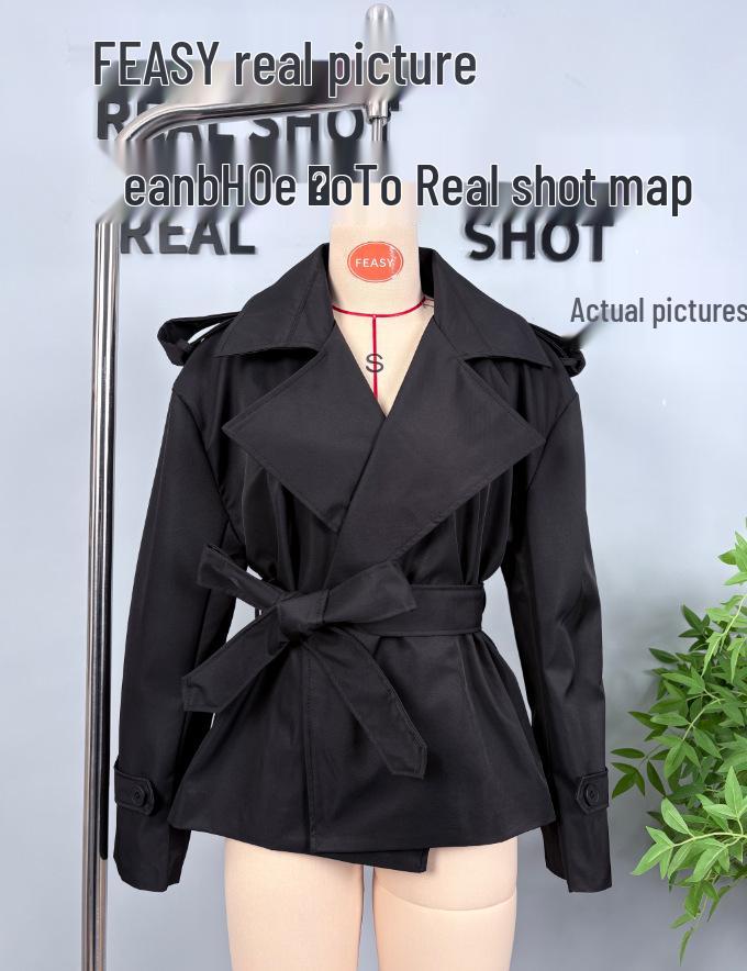 European and American Style Women's Solid Color Belted Short Jacket Windbreaker.