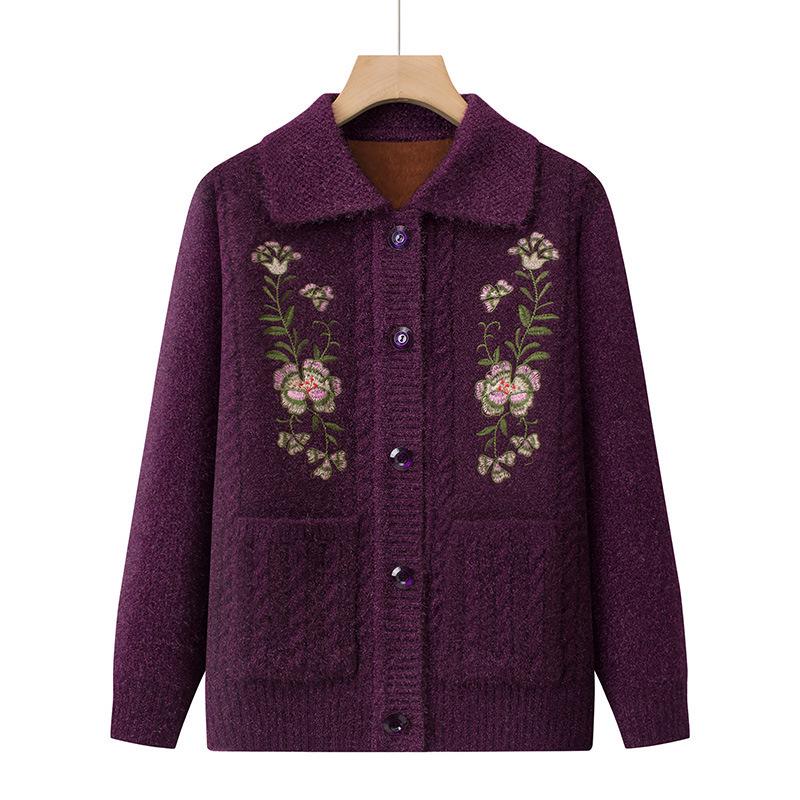 Dicker Strick-Cardigan für ältere Frauen: Oma-Stil, Pullover mit Kragen für Herbst und Winter.