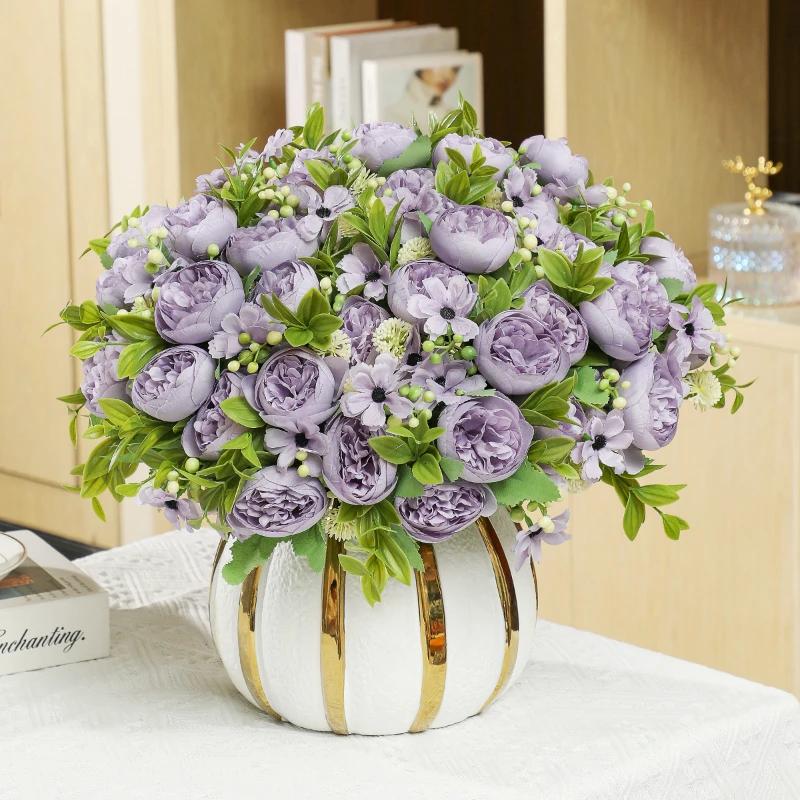 Green Aloes 2pcs Wedding Pink Peony Daisy Bouquet Artificial Flowers Simulation Chogori Peonies Silk Fake Flower Hall Decorative