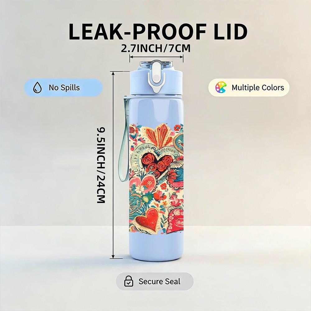 1PC Heart Floral Patchwork Quilt Print 750ml Color Plastic Sports Water Bottle Leakproof Flip Straw Lid Suitable for Sports Office Home Use