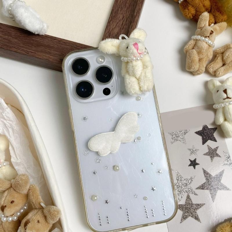 Cartoon Rabbit Phone Charm with Pearls Necklace PP Cotton Texture Suitable for Jewelry Accessories and Gift Decoration