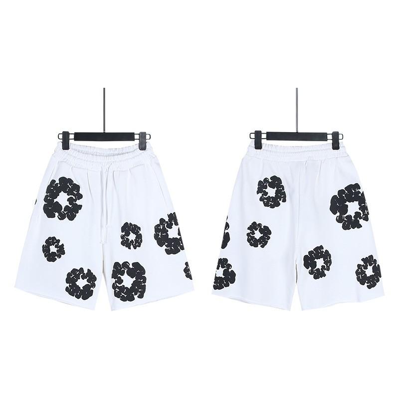Men Women Streetwear Oversized Denim Shorts With Cotton Puff Floral Print Loose Fit Short Pants