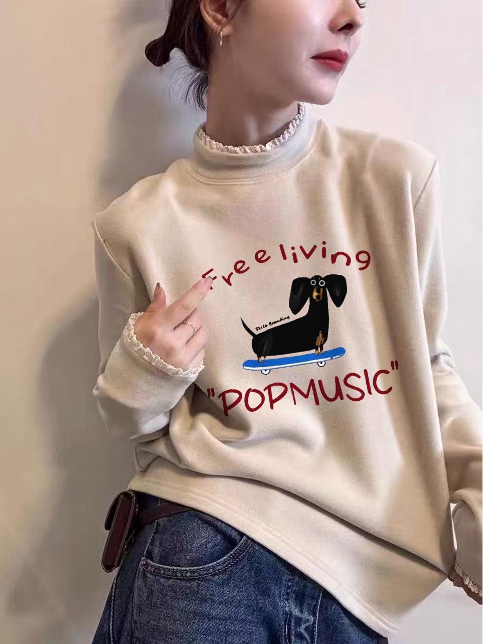 

Women s Trendy Lace Collar Puppy Print Velvet Thick Long Sleeve T-Shirt for Autumn/Winter XL миндальный/кремовый