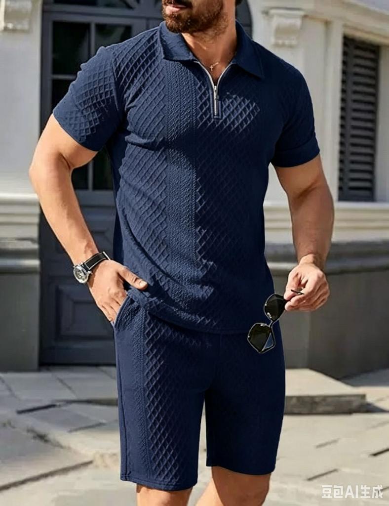Mens Summer Sport Casual Knit Polo Shirt And Shorts Two Piece Set