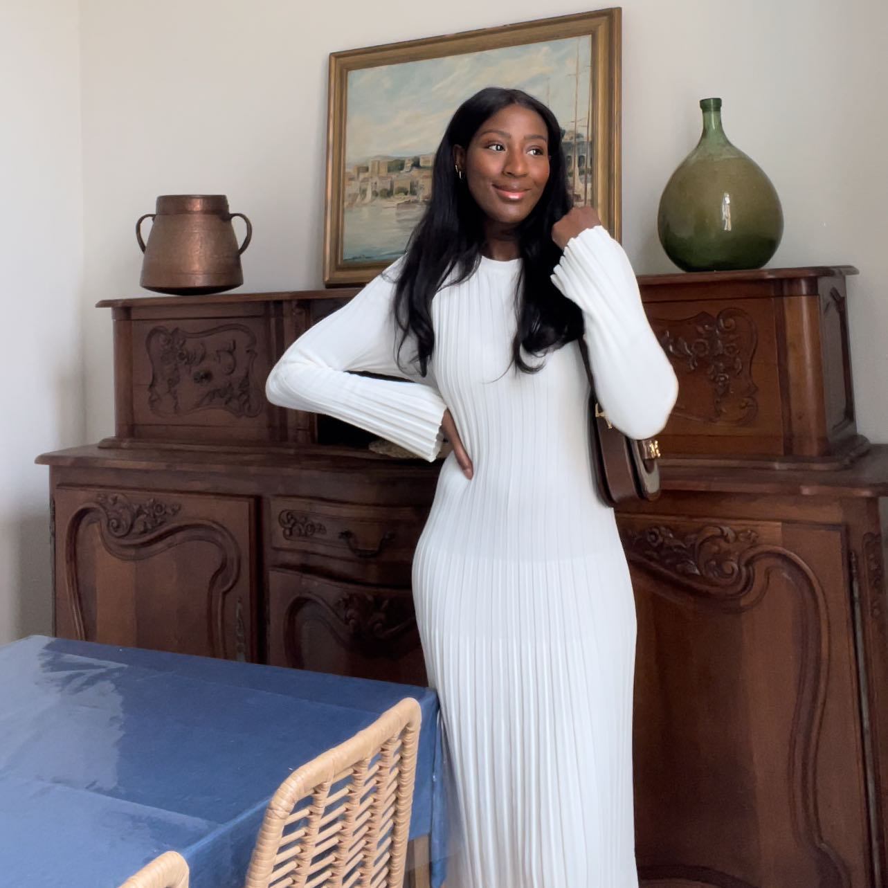 

Женское вязаное длинное платье осенне-зимняя одежда с длинным рукавом круглым вырезом облегающее платье для вечеринки вечернее повседневное элегантное платье уличная одежда L белый