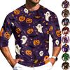 Men's Casual Halloween Printed Crew Neck Three Quarter Sleeve T Shirt with Pumpkin Graphic Loose Fit Comfortable Top