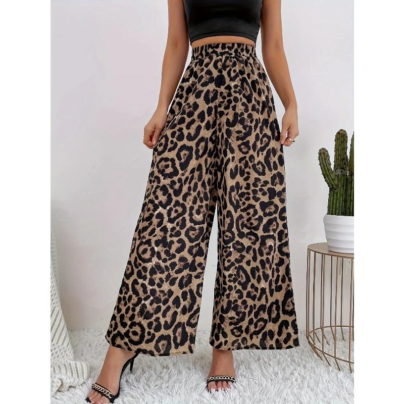 

Summer Leopard Print Casual Pants Women s Print Elastic Waistband Sagging Feeling Wide Leg Pant S коричневый