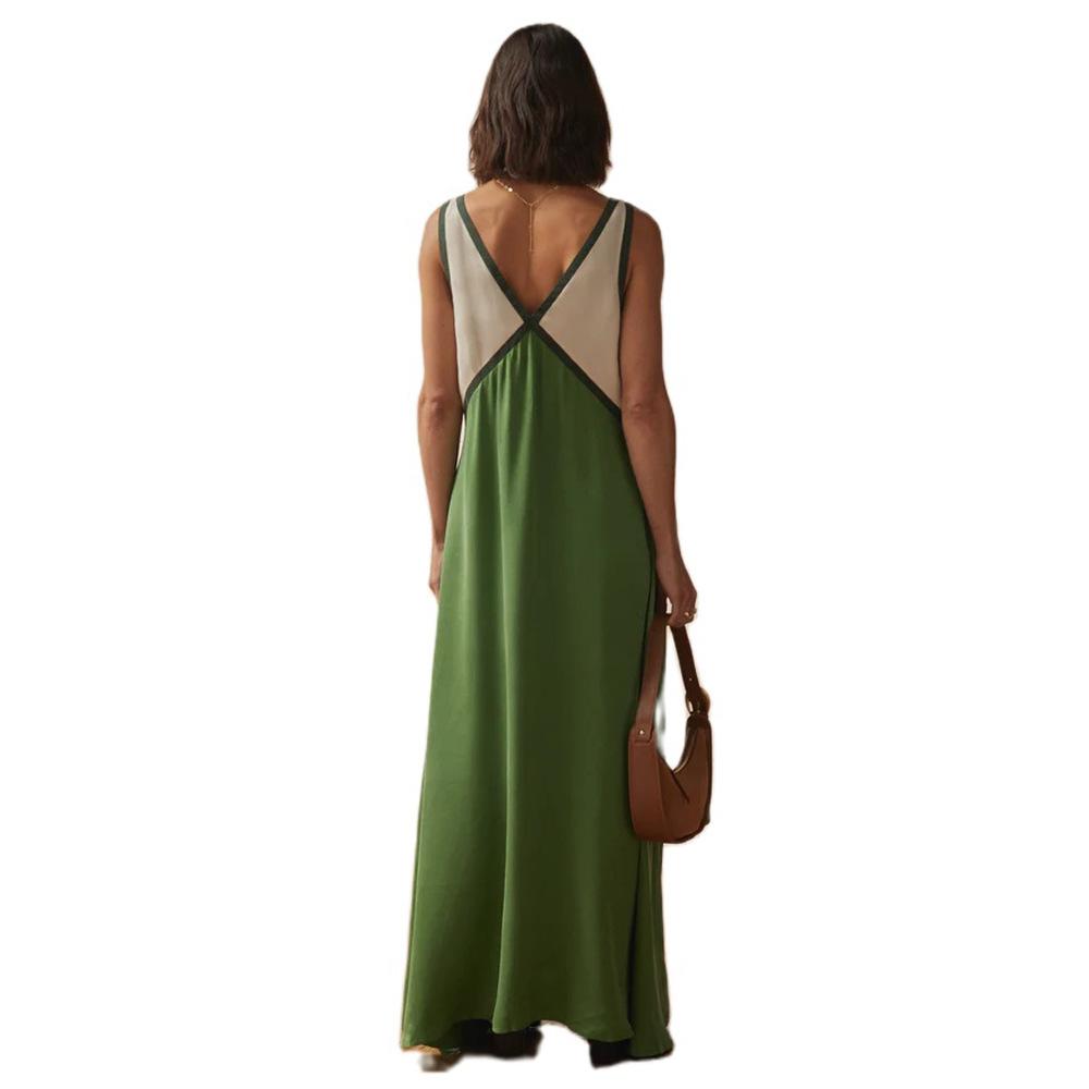 Women's Summer Color Block V Neck Sleeveless Tank Maxi Dress Loose Casual Vacation Beach Long Dress for Women