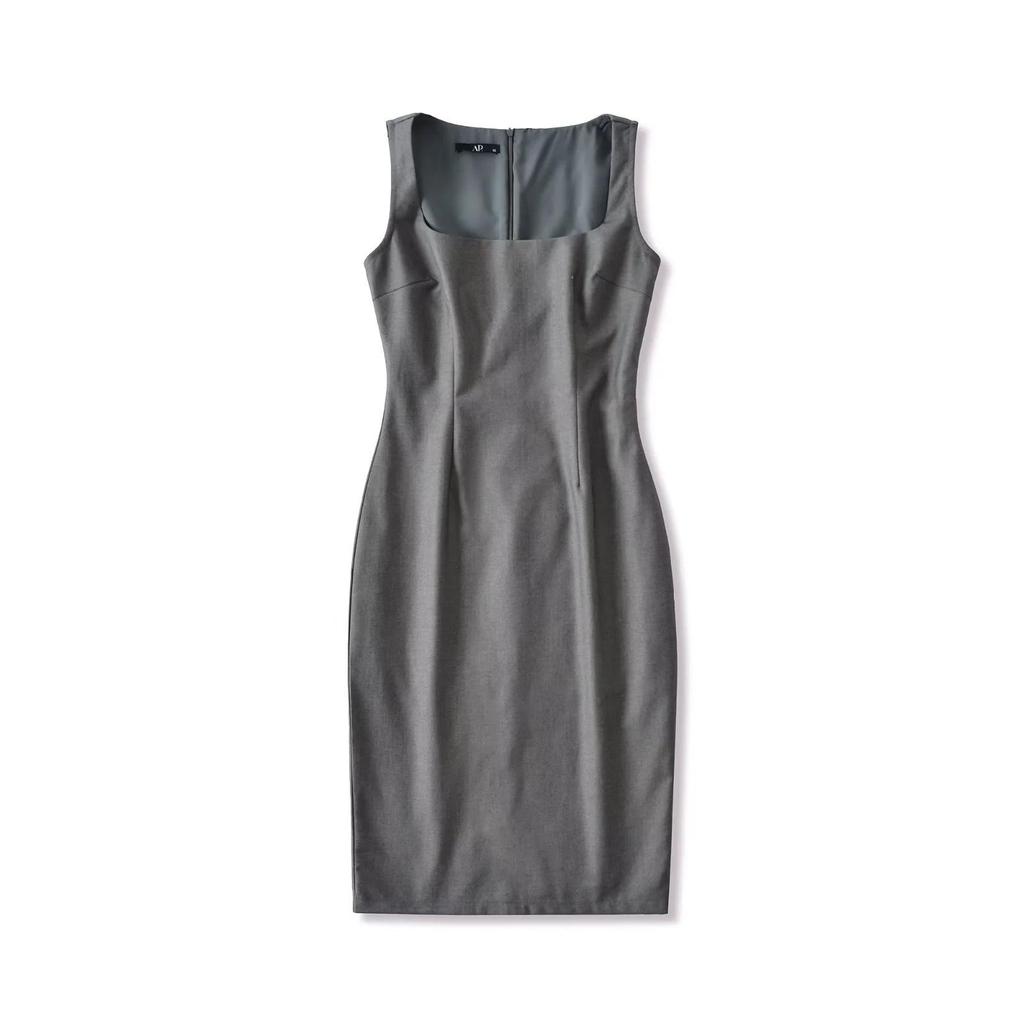French Square Neck Sleeveless Summer Dress - High Waist Slim Bodycon with Slit