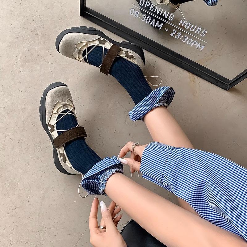 Cowhide version~ thick-soled color matching sports Velcro Mary Jane shoes women's retro leather versatile functional wind single shoes
