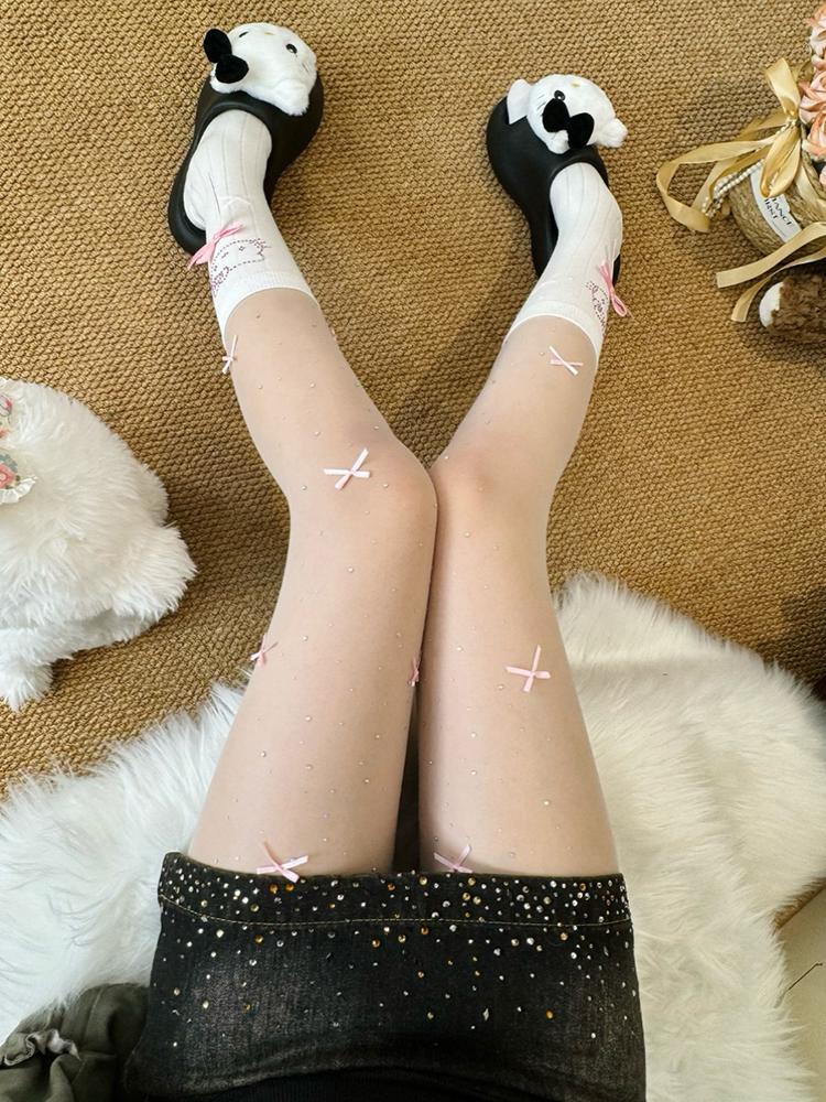 Girl Lolita Bow Sparkling Diamond Tights Women Sheer Skincare Socks Bottom Pantyhose Ballet Style Pure Desire Silk Stocking