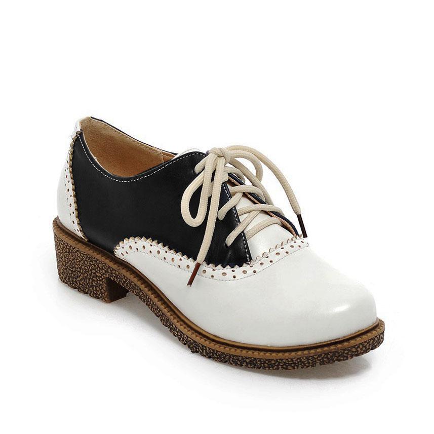 Retro Women Oxford Shoes Chunky Heel Round Toe Lace Up Leather Shoes Party Brogue Derby Shoes