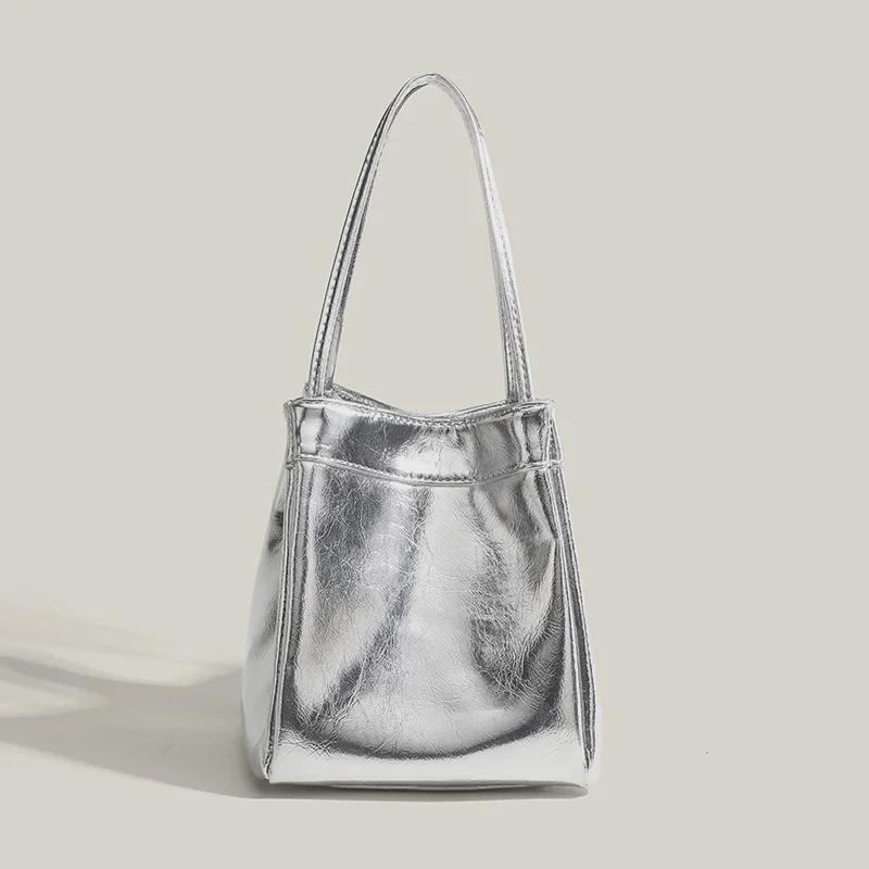2025 Spring/Summer Women's Silver Leather Lunch Handbag – Small Square & Vegetable Basket Design