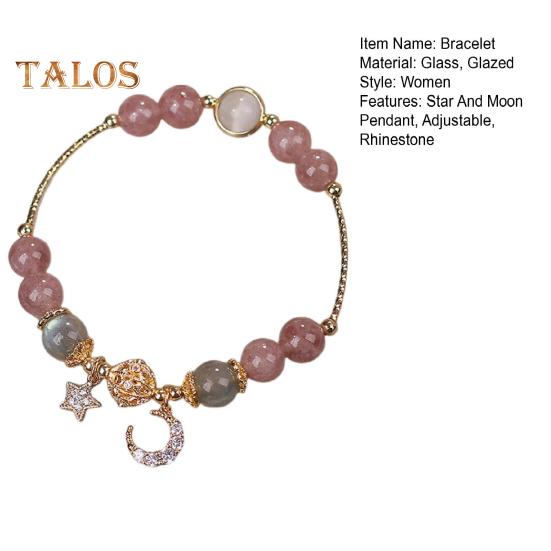 Women Bracelet Smooth Bead Polished Star Moon Pendant Rhinestone Adjustable Shopping Work Party Dating Wrist Chain Lady Jewelry