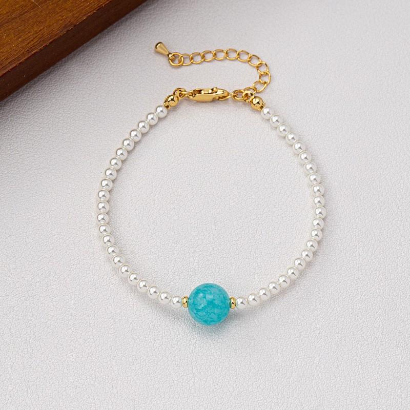 Minimalist Fashion Bracelet With Imitation Pearl Blue Amethyst Pink Crystal Beads Women Men Blue