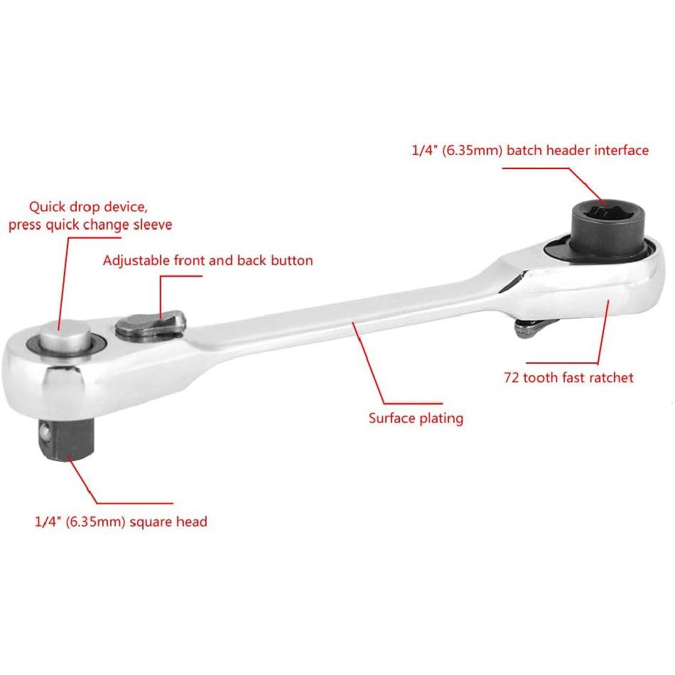 Socket Ratchet, 1/4 Inch Mini Screwdriver Hex Wrench 72-Tooth Reversible Drive Ratchet Spanner for Factory Car Repair Maintenance Workshop(130mm)