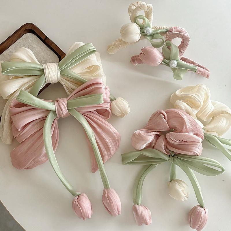 Fashion Sweet Tulip Ribbon Hair Ring For Women Girls Cute Elegant Bowknot Hair Clip Exquisite Tassels Hair Accessories Gifts