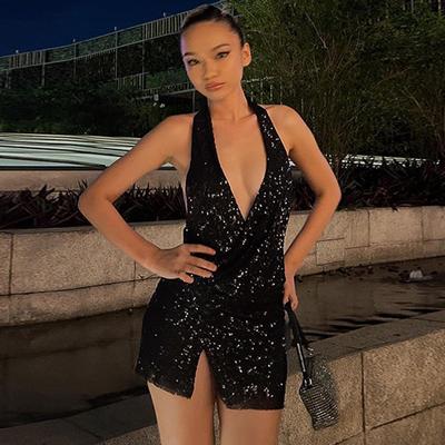 Women's Sequin Sexy Backless Deep V Split Dresses
